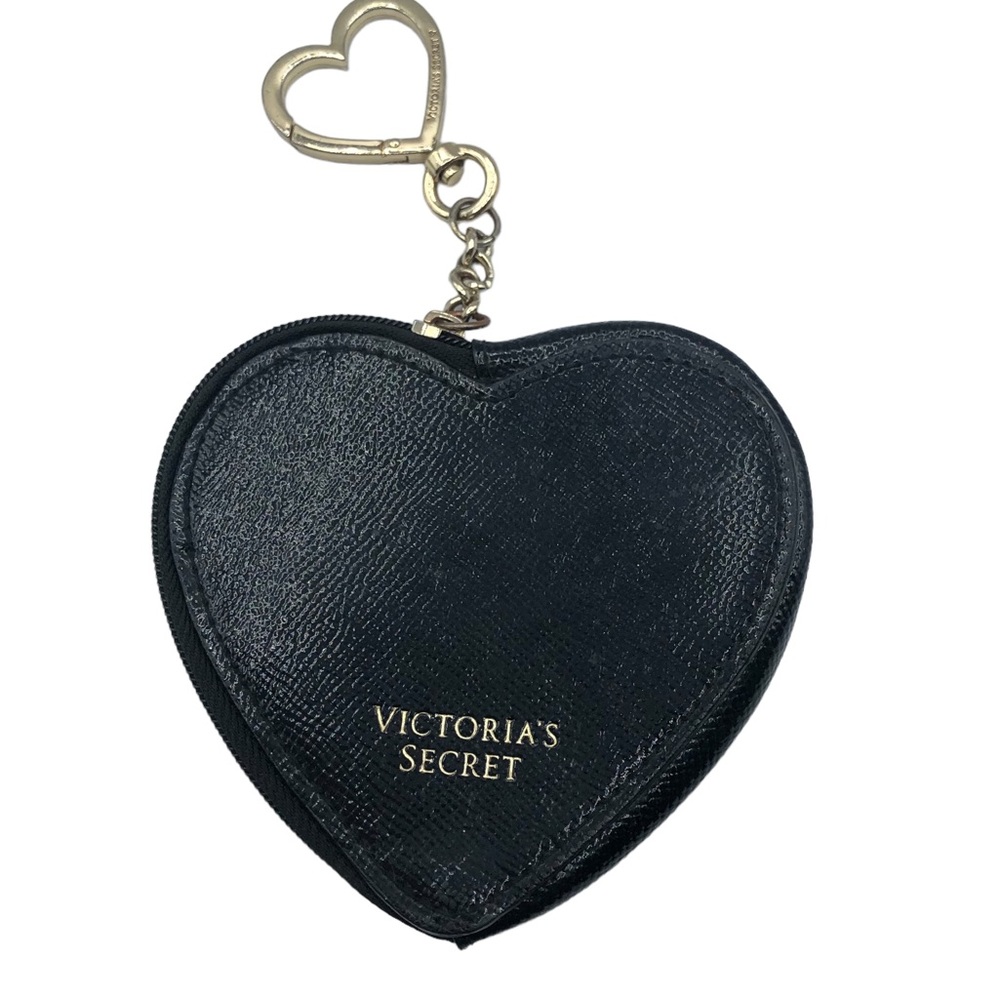 Victoria Secret Small Black Heart Keychain Coin Purse Zip Glitter Spellout - Picture 3 of 4